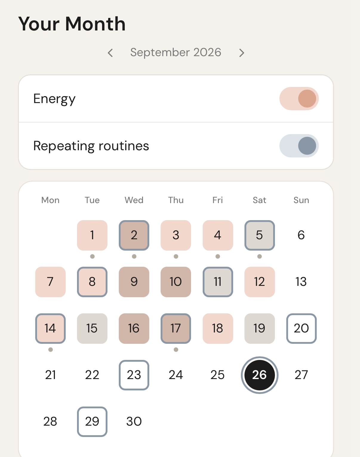 A preview of the next Your Month: Energy and Repeating routines switches, energy colours on each day, routine days ringed