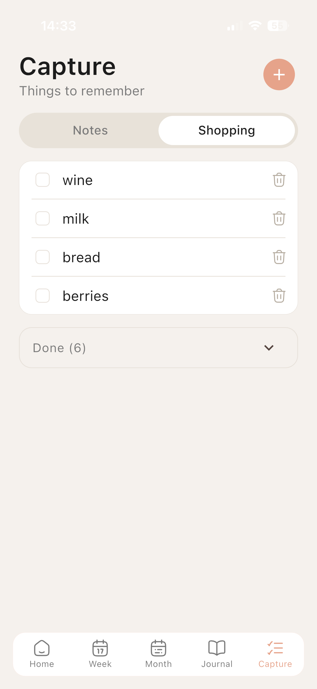 The Capture screen in Dune Seven showing a shopping list: wine, milk, bread, berries