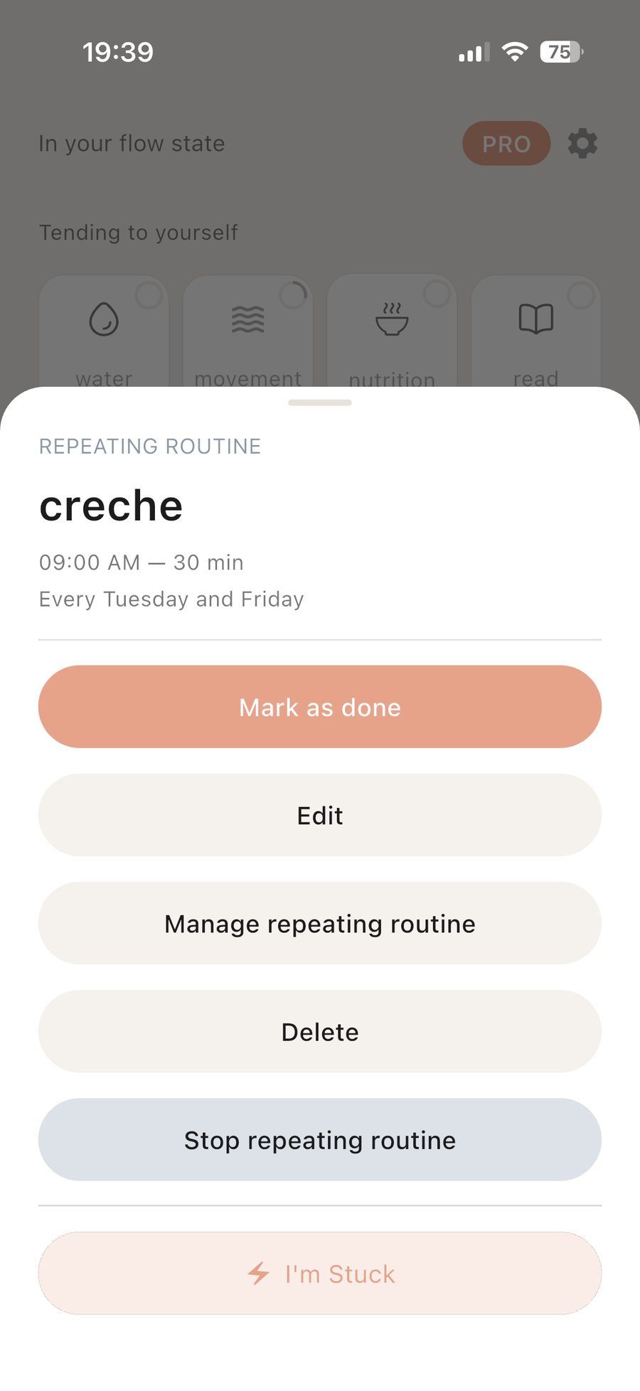 A task sheet in Dune Seven with Mark as done, Edit, Manage repeating routine, Delete and the I’m Stuck button