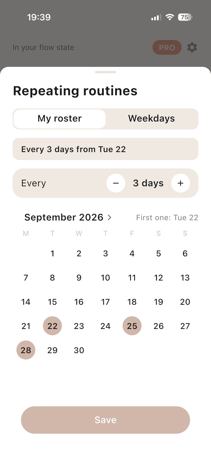 The Repeating routines picker in Dune Seven, set to My roster, every 3 days, with the days previewed on a calendar